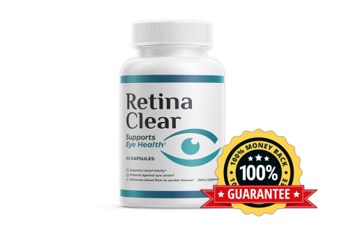 RetinaClear bottle with 100% money-back guarantee badge